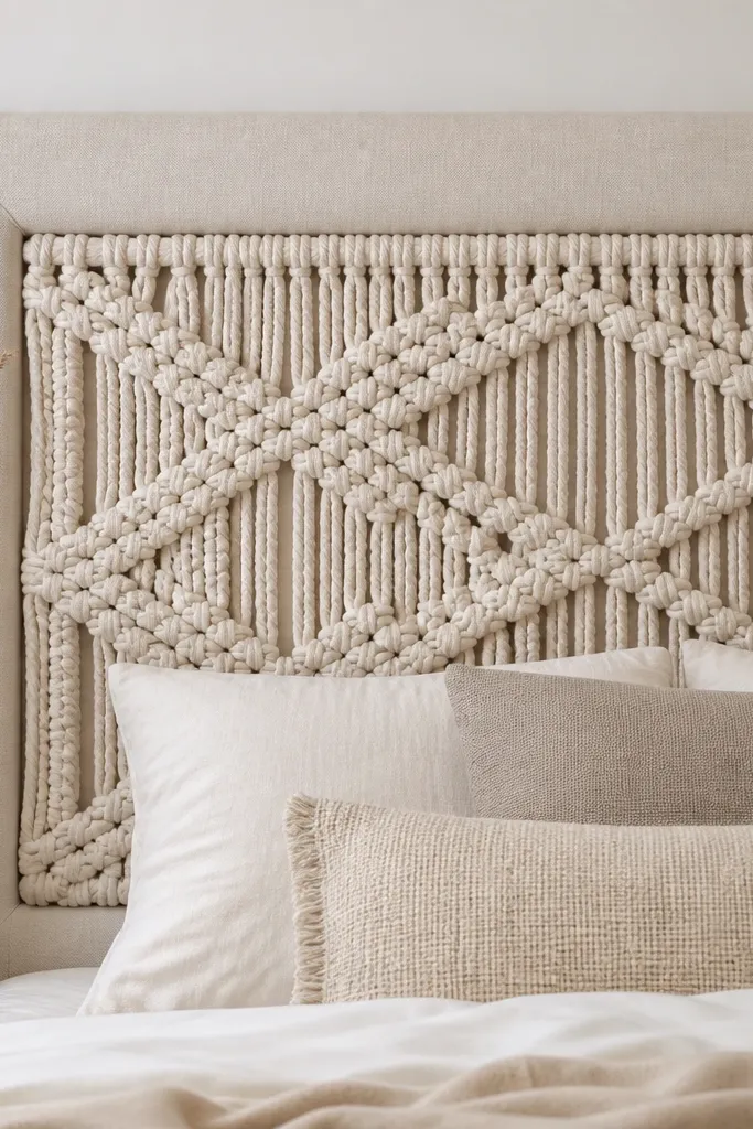 A headboard where a macrame panel is framed inside a fabric border. The macrame has thick knots and a natural cotton color, with a neutral beige background behind it.