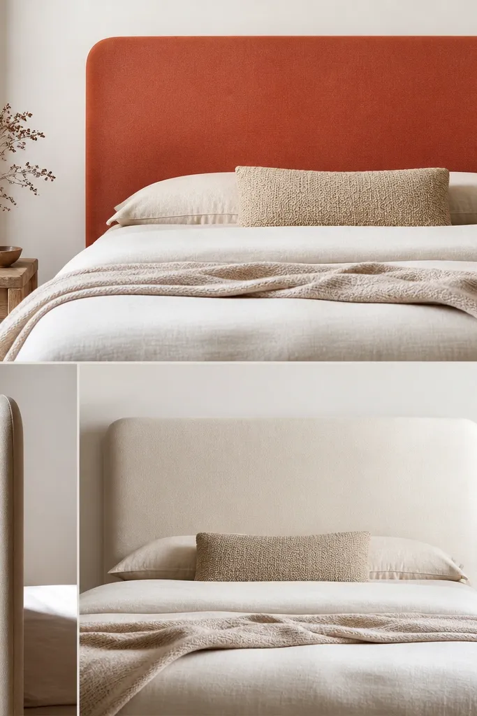 A headboard that has two different fabric faces - one side is warm terracotta, the other is cream. The back has a hidden closure line, and the front edges look symmetrical.