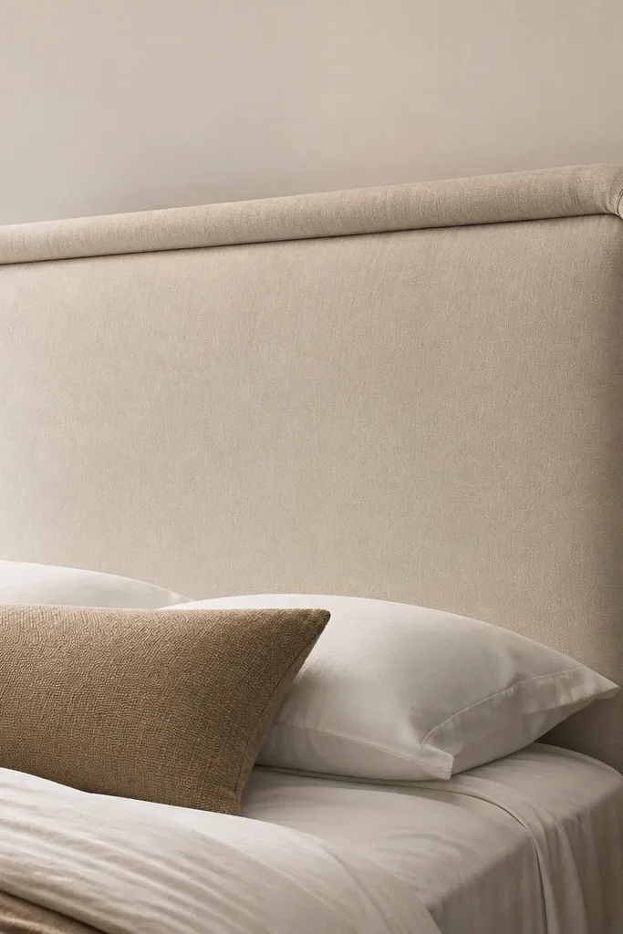 A headboard with a rolled fabric border that wraps around the edges like a soft cord. The front fabric is smooth and matte, while the border looks rounded and plush.