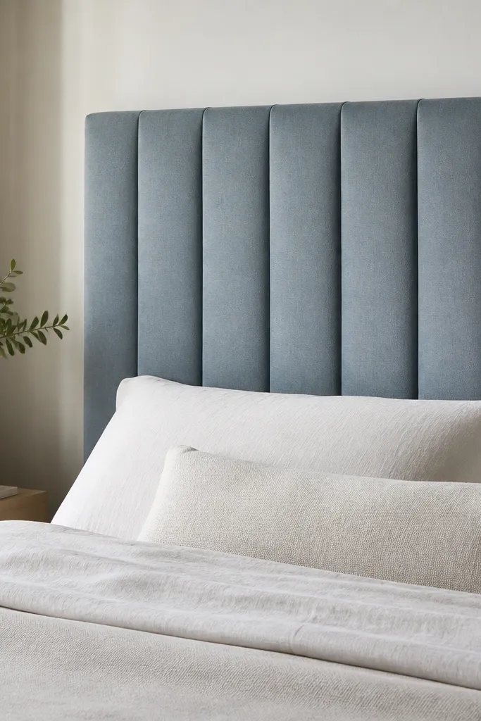 A headboard with vertical channel tucks - small stitched lines that create a tailored, tuftless texture. The fabric is a muted blue-gray and the channels run straight down the front.
