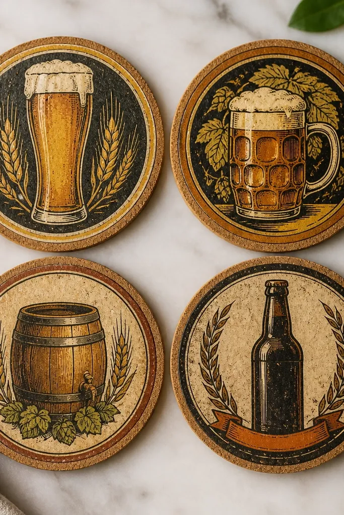 Four round cork coasters arranged in a square. Each coaster has a different vintage beer label decoupaged on top, with a clear glossy seal. The labels show muted amber, cream, and black typography.