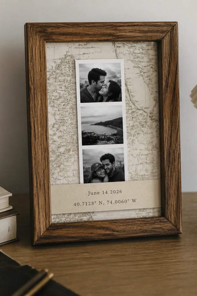 A small thrifted wooden frame on a desk. Inside is a printed photo strip in the center, and a thin paper band across the bottom reads "June 14 2026" with latitude/longitude style numbers. A piece of cream map paper sits behind the photo.