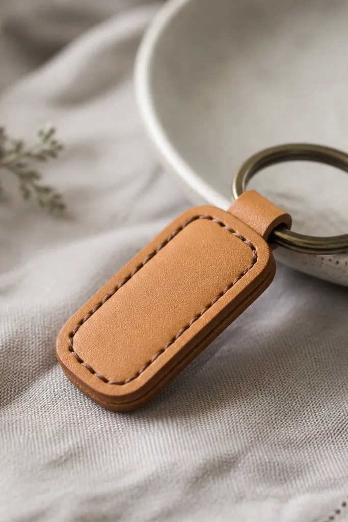 A small tan leather keychain with a rounded rectangle shape. The front has a stitched border in dark brown thread. Along the back edge, a thin strip shows a stitched line that reads a short phrase, barely visible.