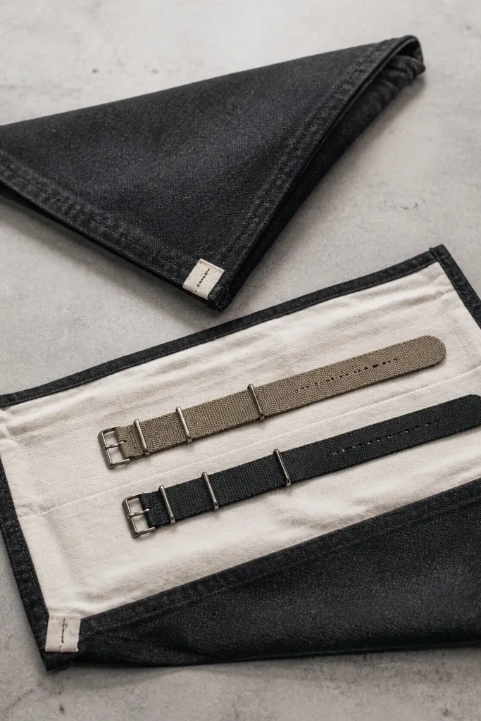 A folded bandana wrap made from a faded black T-shirt. The fabric has a clean hem and a small stitched label near one corner. Inside, two watch straps lie flat under a cotton lining.