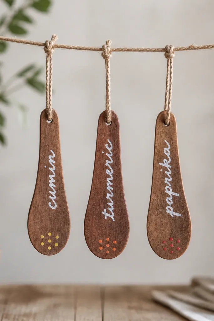 Three small wooden spoon-shaped labels hanging on a string. Each spoon has a handwritten spice name in white paint pen, with tiny dots in different colors at the tip.