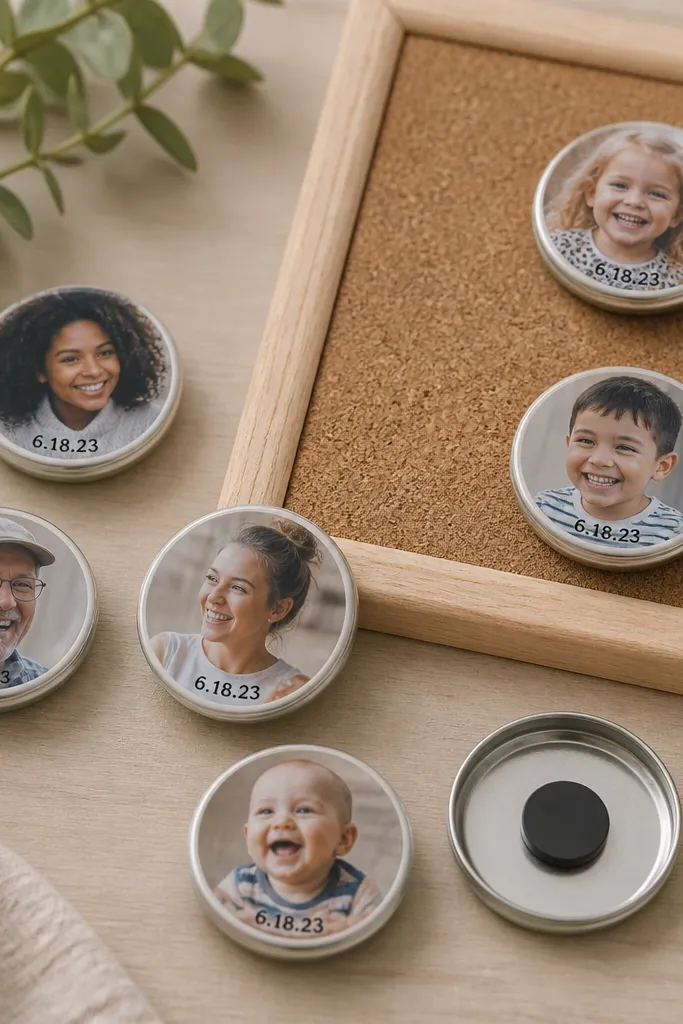 A small board covered in cork. Around it are several round jar lids. Each lid has a tiny printed photo glued on top, with a small magnet attached underneath. The photos show smiling faces and a date stamp.