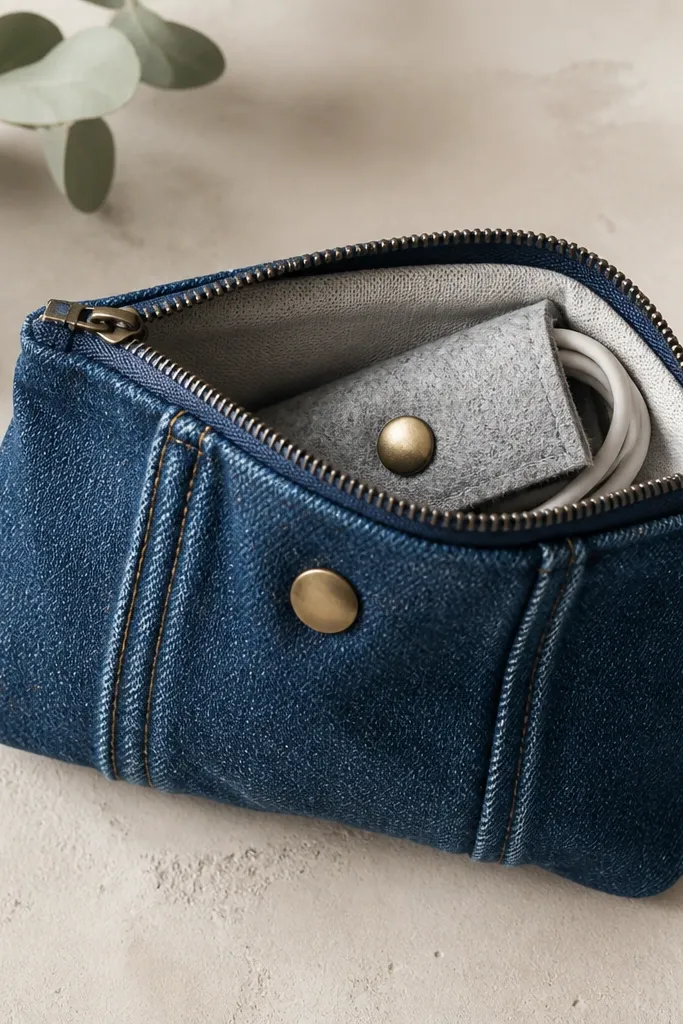 A small pouch made from blue denim with stitched seams still showing. It has a zipper top and a simple snap button. Inside, a folded cable organizer strip is visible.