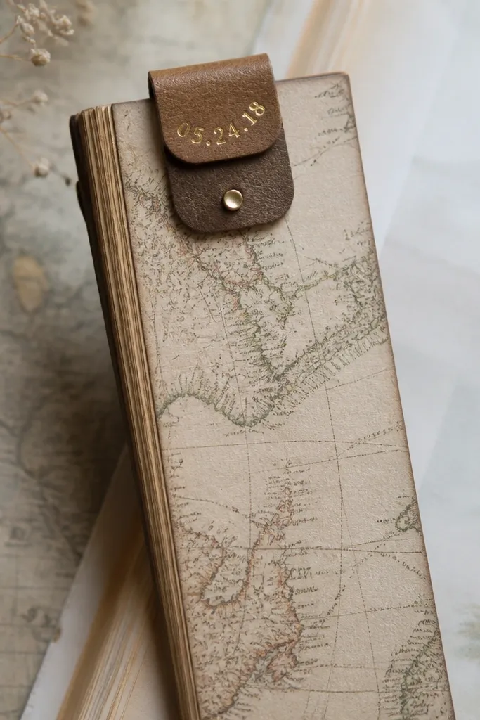 A long rectangular bookmark with a vintage map print. At the top, two faux leather tabs overlap like a small clasp, and there's a tiny stamped date in gold ink.