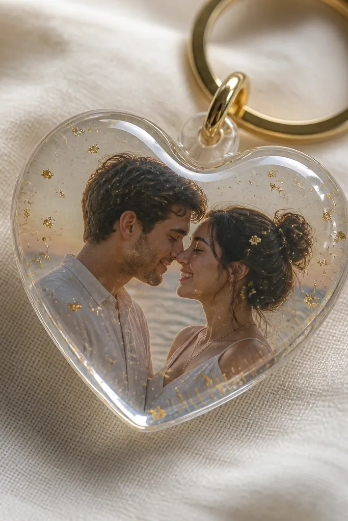 A heart-shaped keychain with a glossy clear finish. Inside the heart is a tiny photo of a couple, and there are small flecks of gold confetti suspended under the shine.