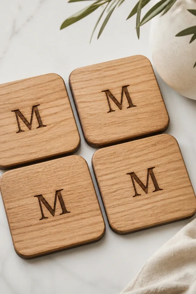 A square wooden board turned into four coasters. Each coaster has burned initials in the center, with a light wood grain around them. The edges are sanded smooth and sealed with matte finish.