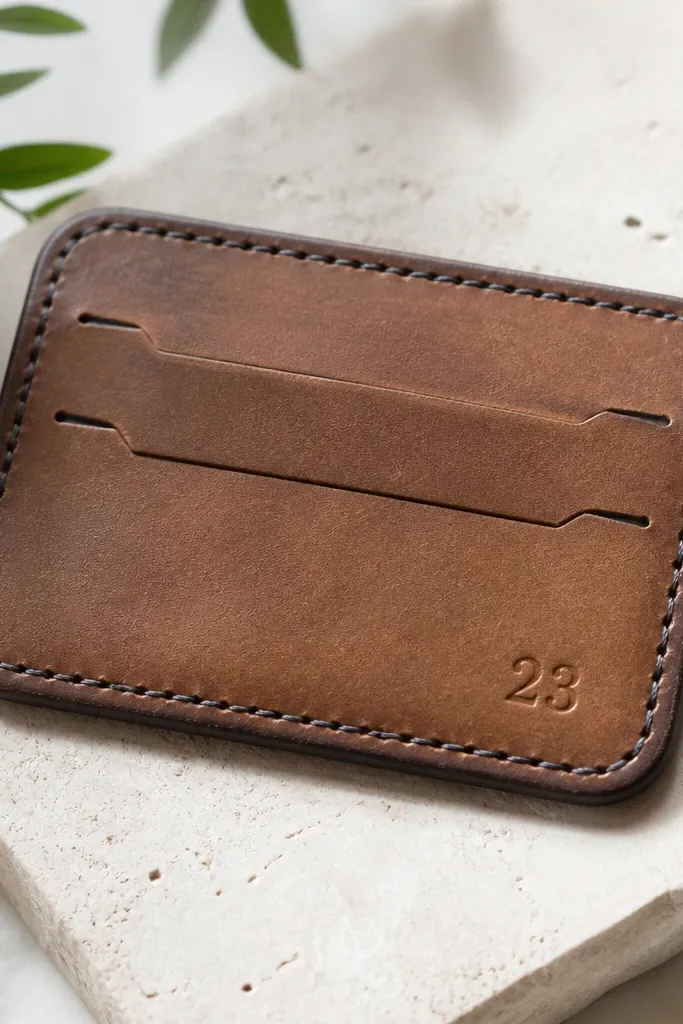 A slim leather card with rounded corners. It has two small slots and a stamped number. The card is made from a brown belt piece and has a dark stitched edge.