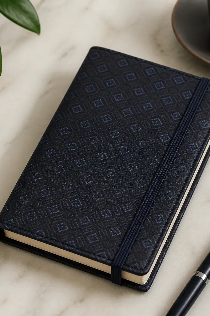 A notebook covered in a dark patterned necktie. The corners are neatly folded and stitched. There's a slim elastic band closure and a small inside pocket made from tie lining.