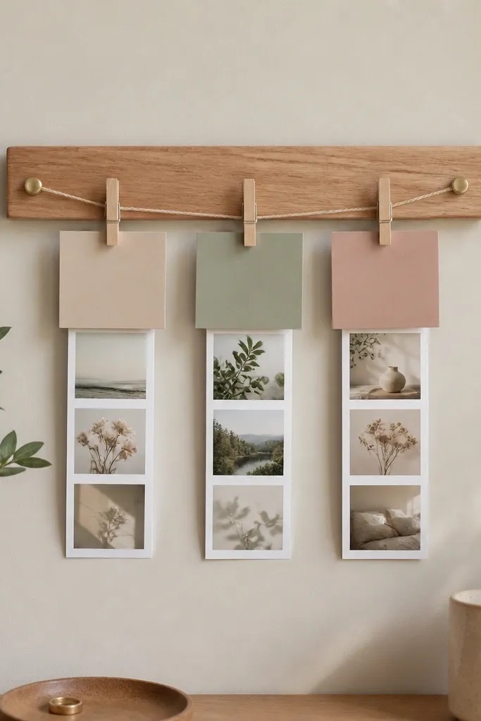 A small wall organizer made from a wooden strip. A string runs across, holding three mini clothespins. Each clothespin clips a photo strip and a small note card in matching colors.