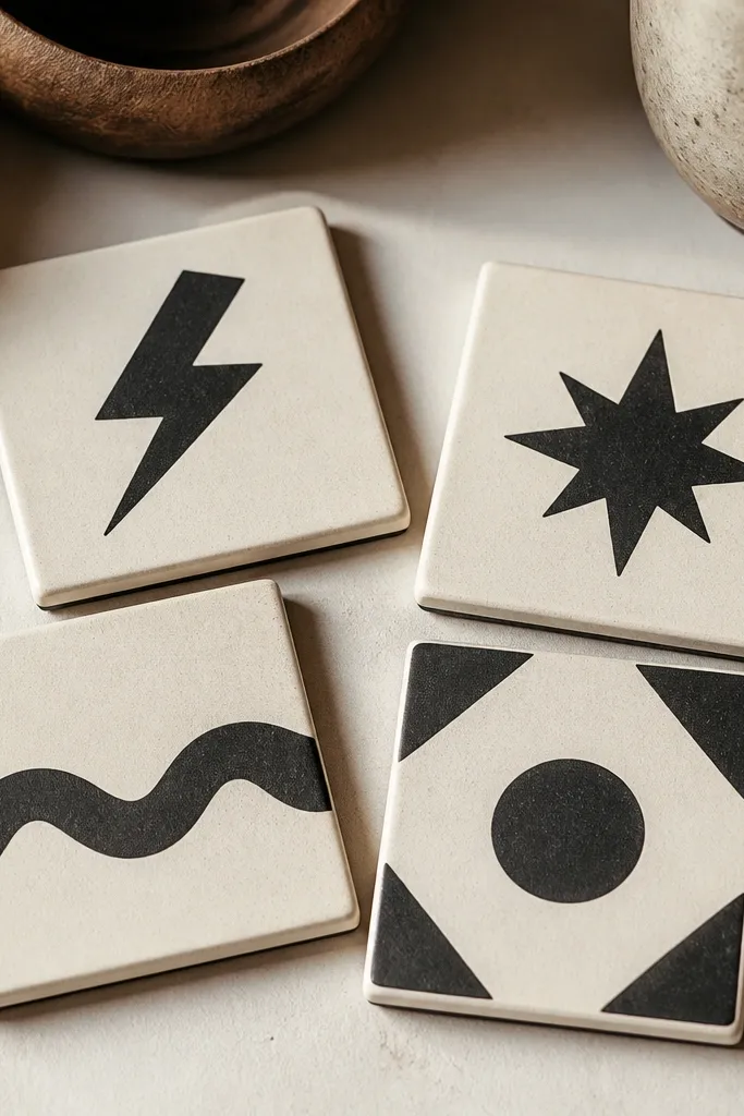 Four square ceramic tile coasters with clean geometric patterns. Each has a different symbol like a lightning bolt, a star, a wave, and a small date. The designs are in matte black with a light cream base.