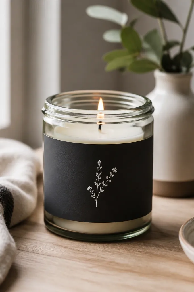 A reused candle jar with a new label wrapped around it. The label is black cardstock with a clean white typography layout and a small stamped icon. Inside, the jar holds a soy candle or tea lights.