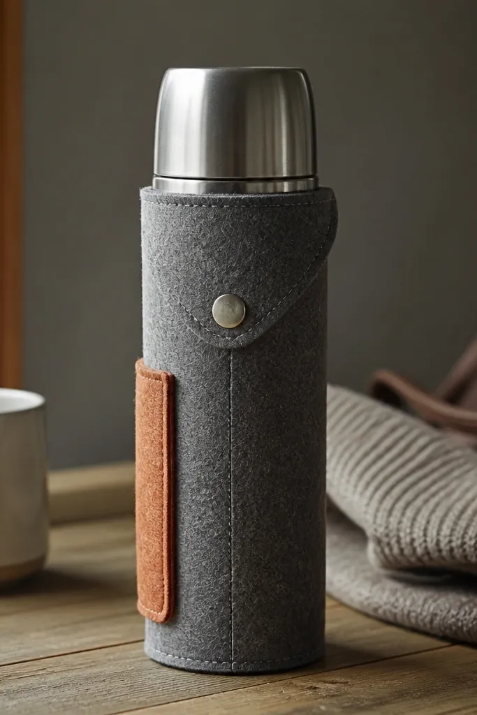 A fitted felt cozy wrapped around a stainless thermos. It has a flap with a snap button and a small hidden pocket on the side. The felt is muted gray with a burnt orange pocket.