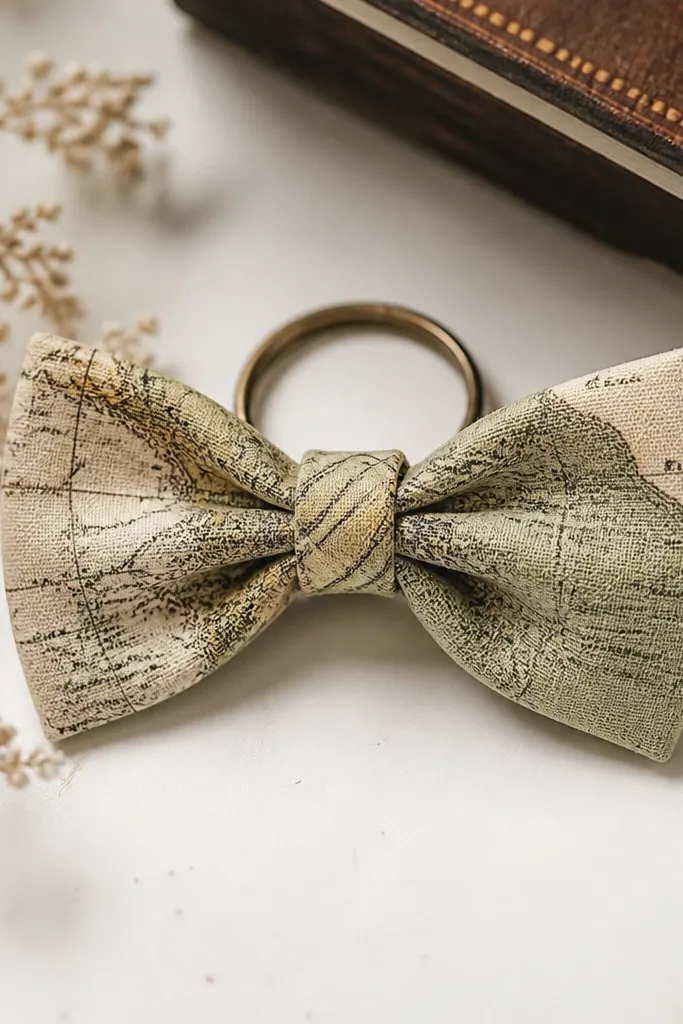 A small bow tie shaped fabric keychain. The fabric has a vintage map print in muted greens and creams. There's a tiny knot center and a metal key ring attached at the back.