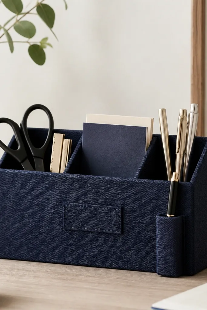 A small desk organizer with three compartments. It's made from wrapped cardboard covered in textured fabric in navy. The front has a stitched label strip and a small pen slot.