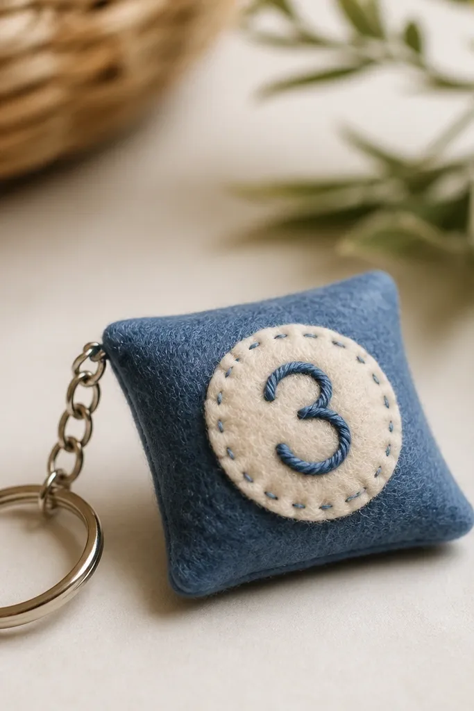 A tiny felt bean bag keychain with a stitched felt patch on the front. The patch has a simple letter or number in contrasting thread. The bag is flattened like a mini cornhole piece.