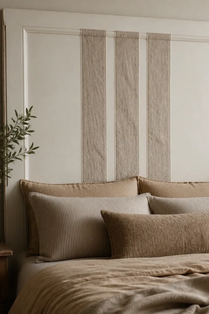 A tall headboard made from a thrifted door, painted soft off-white with a slightly matte chalk finish. Three vertical linen bands run down the center, each band slightly wrinkled and stitched straight. The edges show the original door frame details, and it's mounted behind a bed with tan bedding.