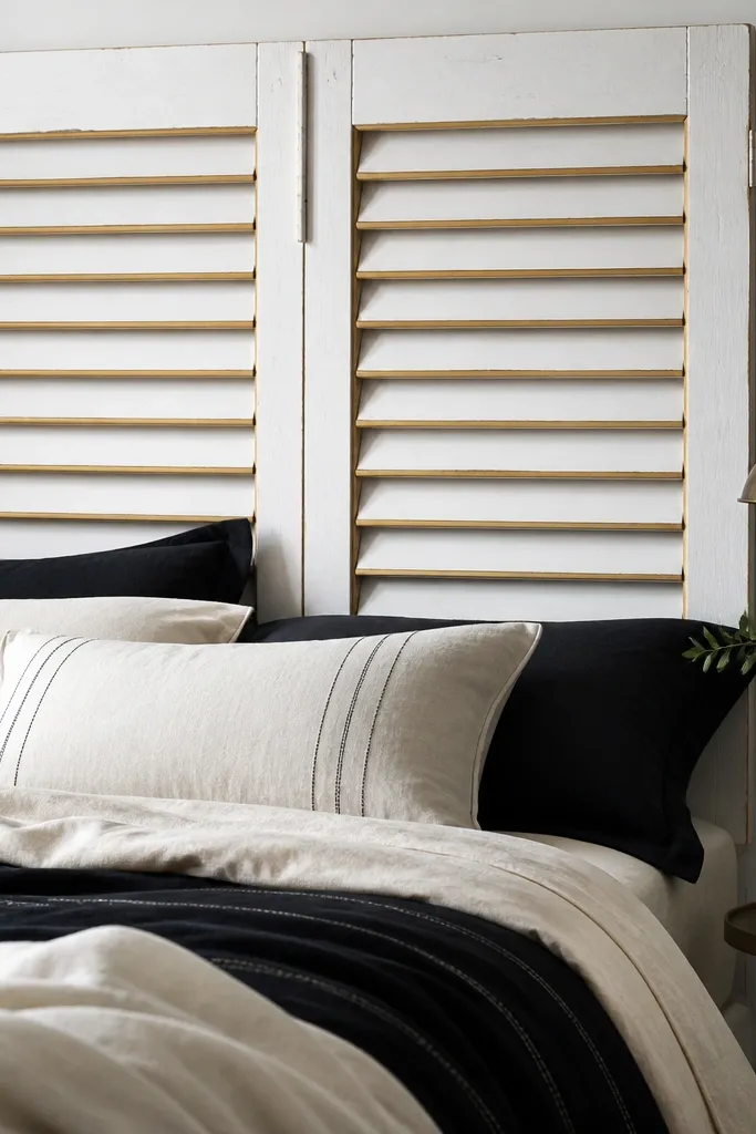 Two repurposed wooden window shutters stand upright as a headboard, painted white. The shutter slat edges have been lightly spray-gilded in warm gold, creating a thin metallic border. The bed has black-and-cream bedding and a small brass lamp beside it.