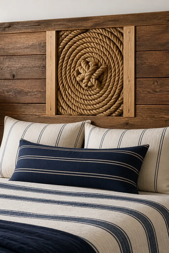 A headboard made from stacked pallet wood planks, stained medium walnut. In the center, a thick jute rope is wrapped into a coil and knot detail, framed by two lighter wood rails. The bed has striped navy-and-cream bedding.