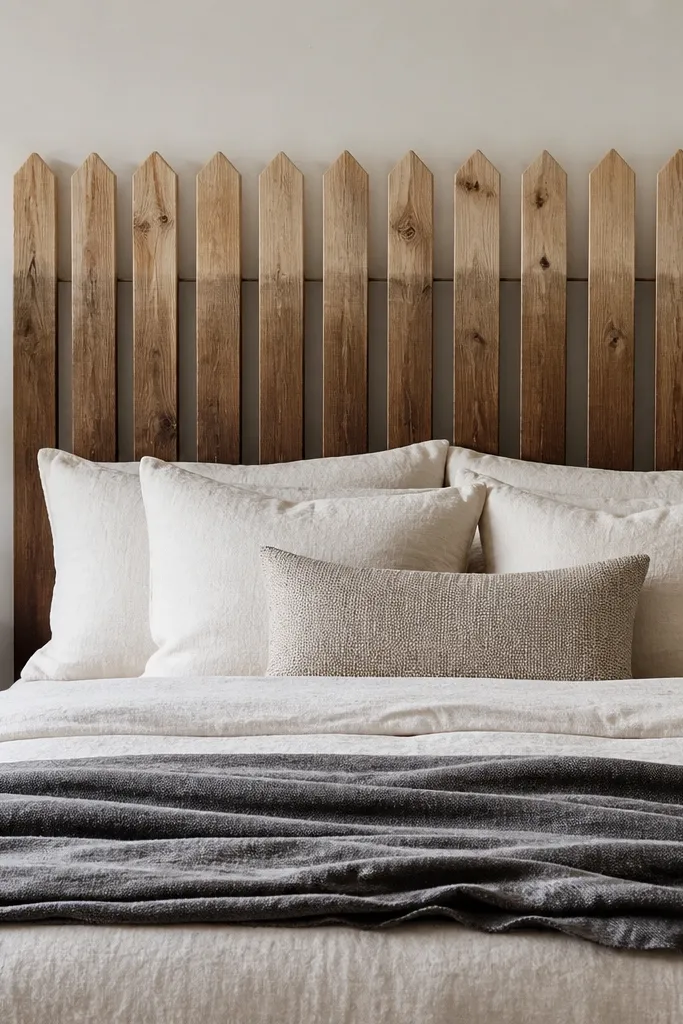 A headboard built from vertical reclaimed fence pickets. The wood is stained with a horizontal ombre effect: darker at the bottom, lighter toward the top. The pickets are spaced evenly, and the bed is styled with cream bedding and a gray throw.
