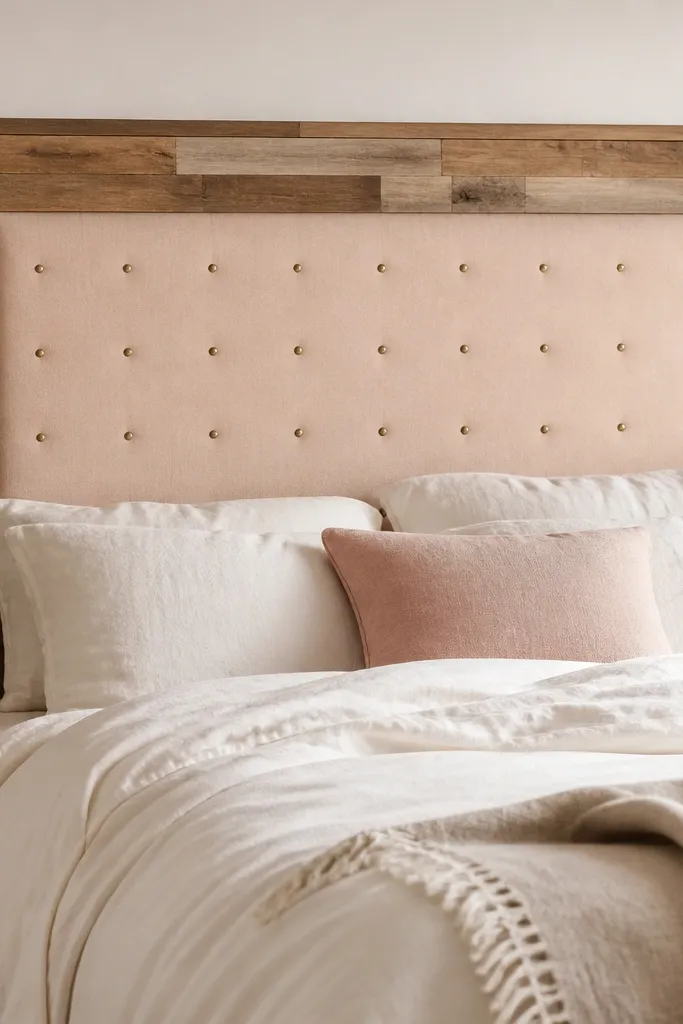 A large rectangular headboard framed with mismatched scrap wood pieces, all sanded and lightly stained. Inside the frame is a pale blush fabric panel with a grid of small brass pin tacks. The bed has warm white bedding and a blush throw pillow.