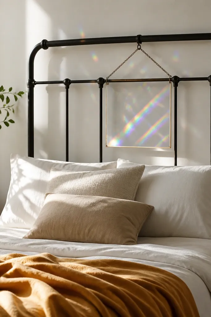 A repurposed metal bed frame painted matte black, leaning against the wall as a headboard. A clear acrylic or glass-like suncatcher panel hangs from the center with small chains, catching rainbow reflections. The bed has white sheets and a mustard throw blanket.