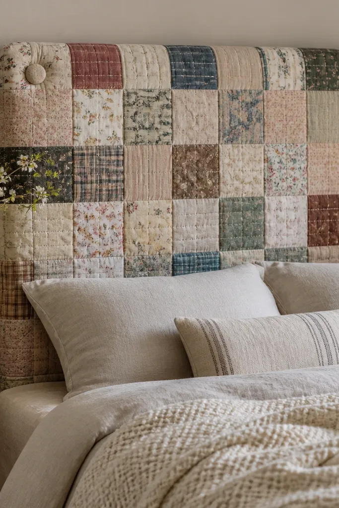 A padded headboard made from layered scrap quilt squares arranged in a grid. The fabric is stitched together and backed with batting, then a few fabric-covered buttons sit at the top corners. The bed has neutral linen bedding and a textured cream throw.