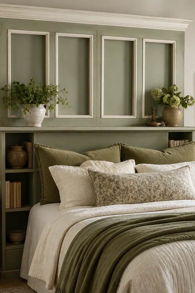 A tall headboard built from an old bookcase door. The bottom section is open shelf storage, while the top has glassless panels. It's painted sage green with white trim, and the bed has layered bedding in cream and olive tones.