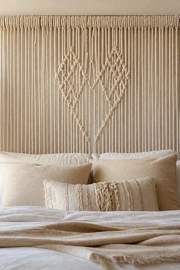 A macramé headboard hanging from a thick salvaged wood rail across the bed. The rope design is mostly vertical strands with a simple knotted pattern in the center. The color is natural jute and cream cotton blend, with boho neutral bedding.