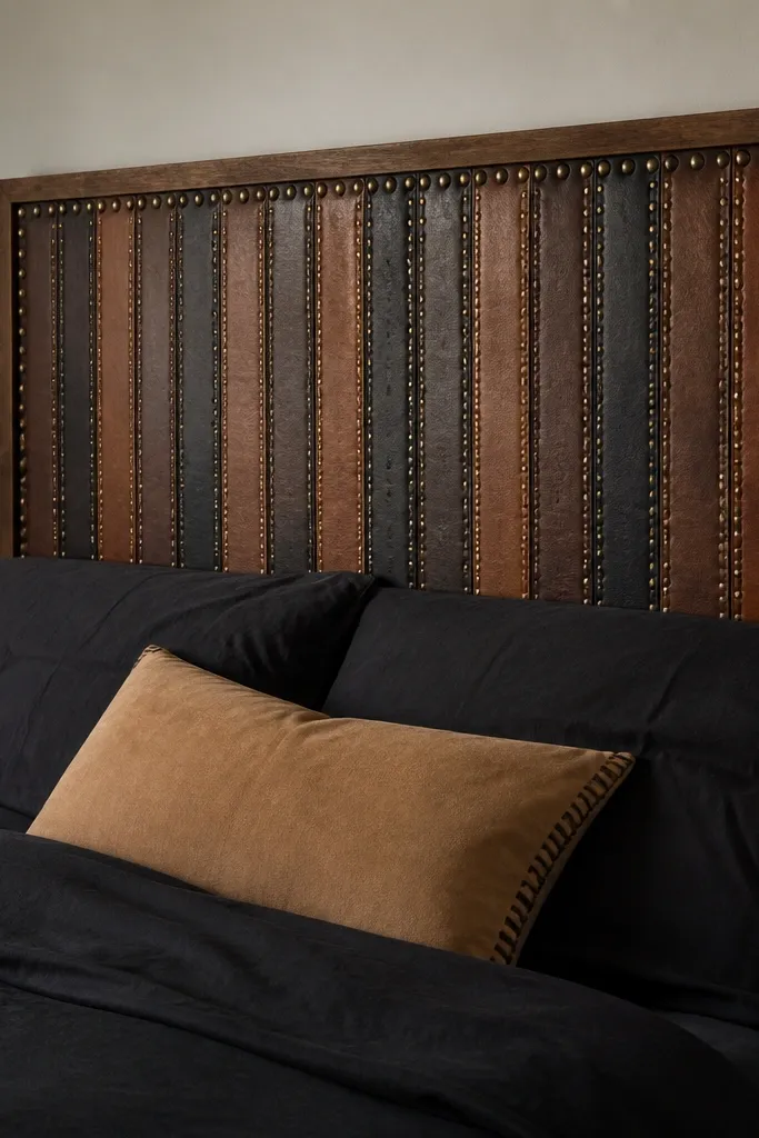 A rectangular headboard frame made from wood, covered with several leather belts laid vertically. Brass studs sit along belt edges and in a small border pattern. The bed has black bedding and a tan throw pillow.