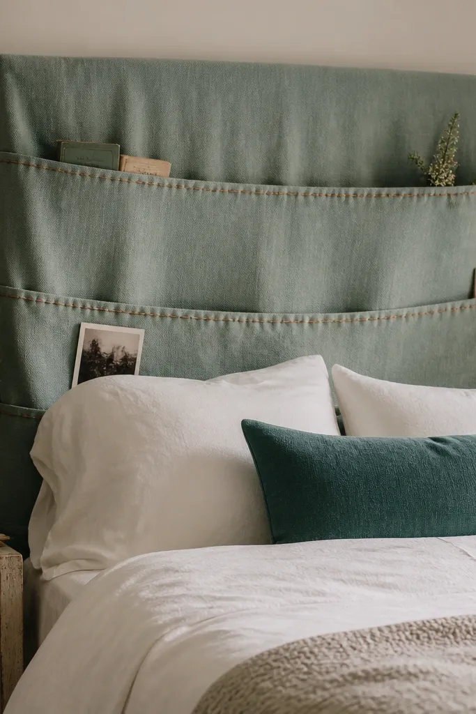A headboard made from an old curtain panel, folded into a tall fabric back with three horizontal pocket sections. The pockets look like large sleeves, stitched with contrasting thread. The bed is styled with simple white bedding and a teal accent pillow.