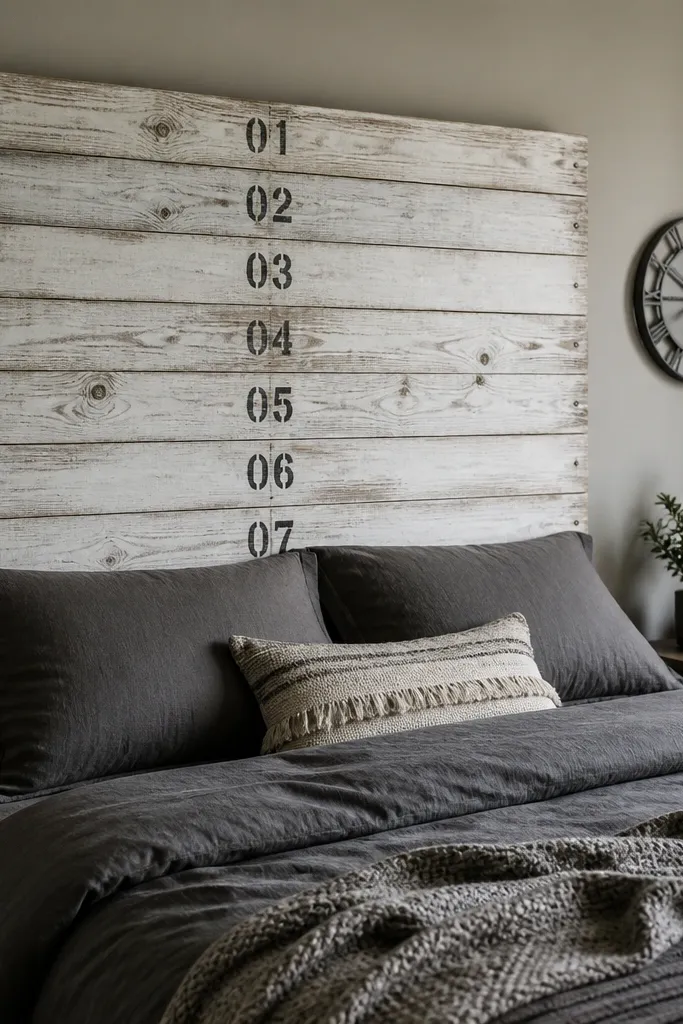 A headboard built from horizontal reclaimed wood slats, white-washed with visible grain. Black stenciled numbers run vertically in the center panel area. The bed has dark gray bedding and a small metal wall clock nearby.