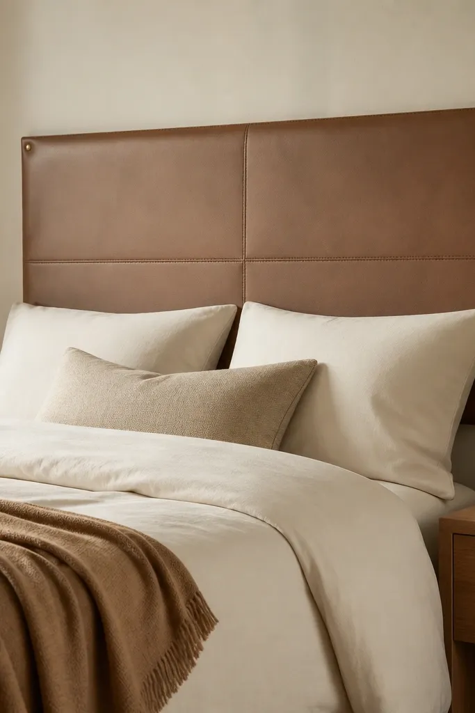 A lightweight headboard with a smooth faux leather wrap. The corners have small metallic studs, and the surface has subtle seam lines. It's mounted with a simple wall cleat, and the bed has cream bedding with a camel throw.
