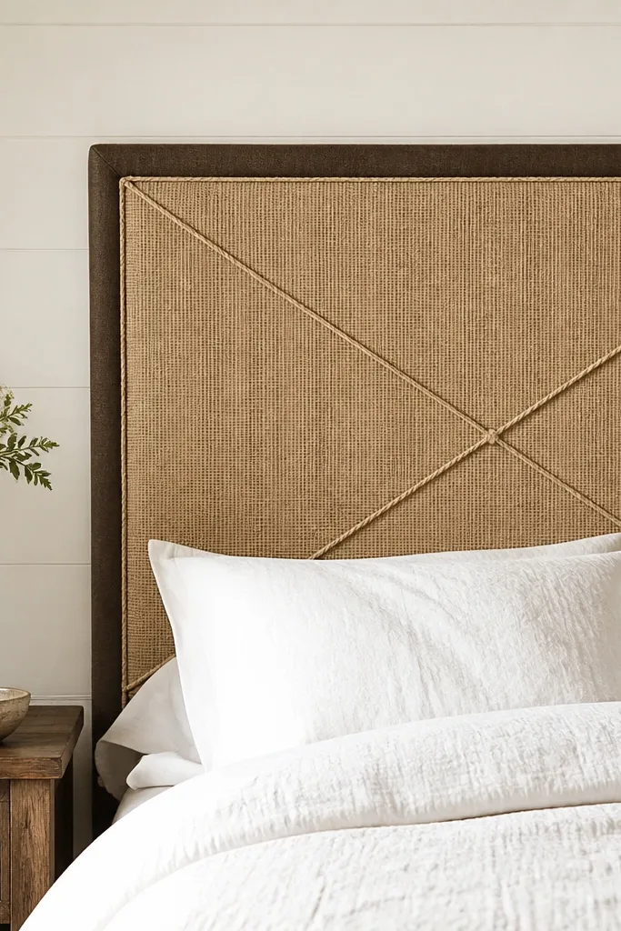 A burlap-covered headboard panel with a simple stitched X pattern made from thick twine. The burlap edges are trimmed with a narrow strip of dark brown fabric. The bed is in a farmhouse style with white bedding and a wooden nightstand.