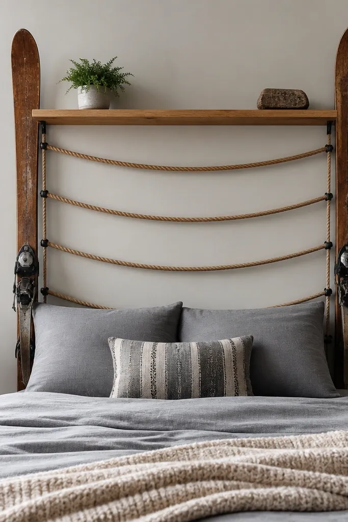 Two old skis mounted vertically as a headboard. Between them, a rope ladder hangs in gentle arcs, and a small wooden shelf sits at the top. The bed has gray bedding and a knit throw.
