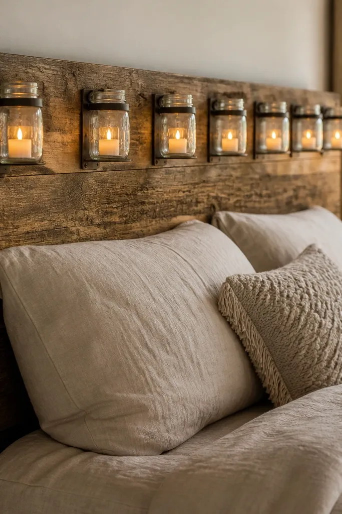 A reclaimed wood headboard with a row of mason jars mounted along the top edge. Each jar has a small LED candle inside, and the jars are held by metal brackets. The bed has beige bedding and warm lighting.