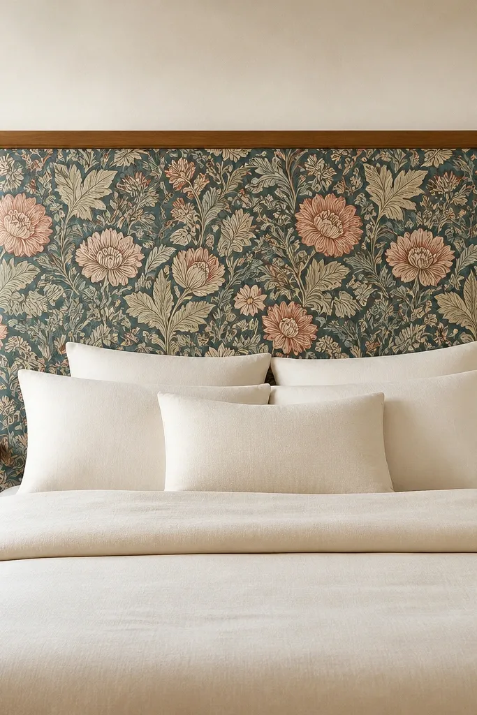 A rectangular headboard covered in a bold wallpaper pattern, framed by simple wood trim. At the bottom corners, small book-end shaped finials sit like decorative feet. The bed has solid-color bedding in cream.