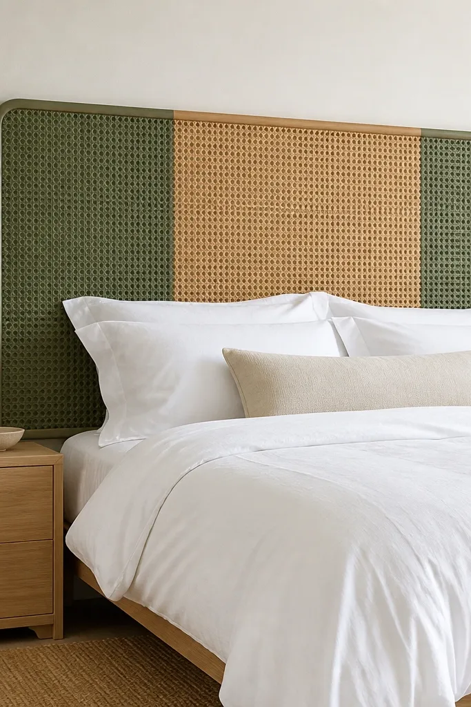 A rattan wicker panel mounted as a headboard, with the left and right sides painted in a solid color block. The center rattan stays natural. The bed has crisp white bedding and a light wood nightstand.