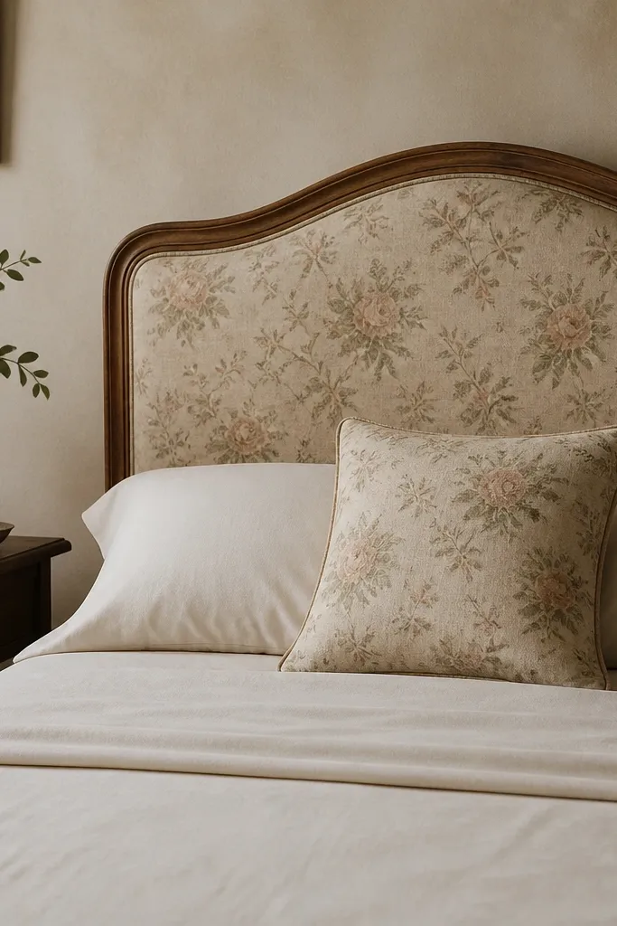An old upholstered chair back mounted behind the bed as a headboard. The fabric is a subtle floral pattern, and the chair's curved top rail is visible. The bed has a matching throw pillow and simple solid sheets.
