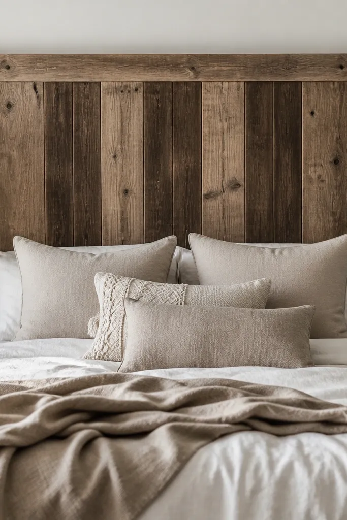 A DIY headboard made from weathered barn boards in a rectangular frame, with darker vertical slats centered in three columns. The top edge is straight, and the wood shows knots and nail holes. The finish is matte with a warm brown tone.