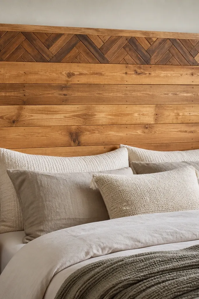 A headboard where the main surface is horizontal pallet slats, with a small chevron pattern strip along the top edge. The chevron is made from narrower wood pieces in a V shape. The overall color is honey brown with a slightly darker chevron.