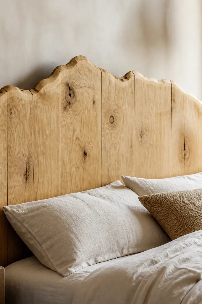 A headboard with a "live-edge" style outline on the top and sides, made from pine boards arranged with uneven edges. The surface is smooth and stained a light oak color, with the irregular edge silhouette clearly visible.