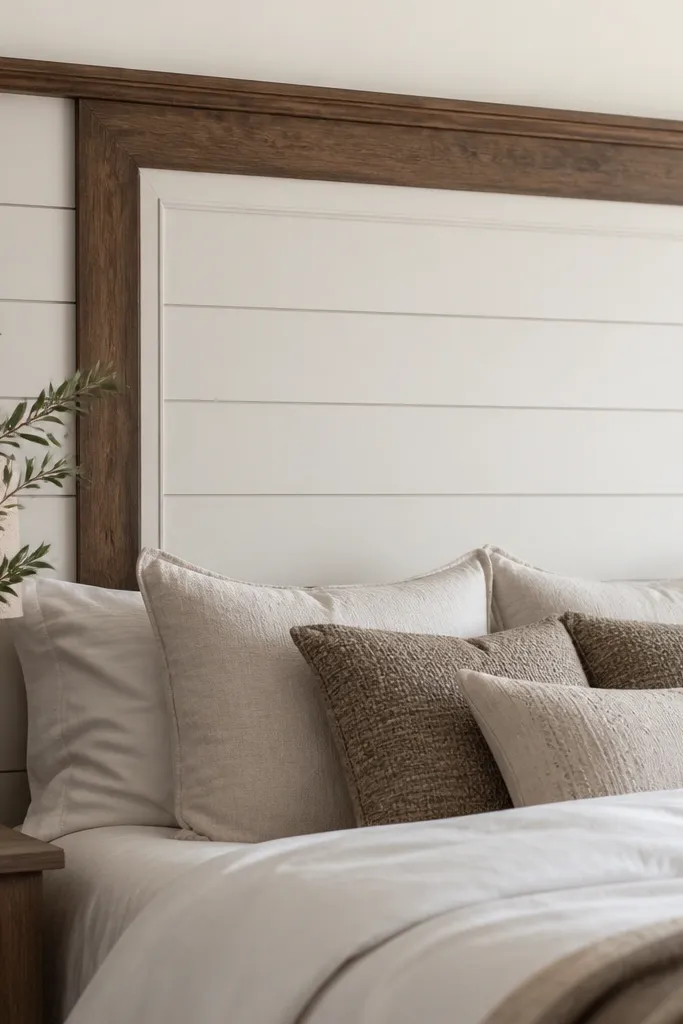 A headboard with shiplap boards laid horizontally, painted in a warm off-white. Around a central inset panel, there's dark wood trim that looks like window casing. The center has a slightly raised panel effect.