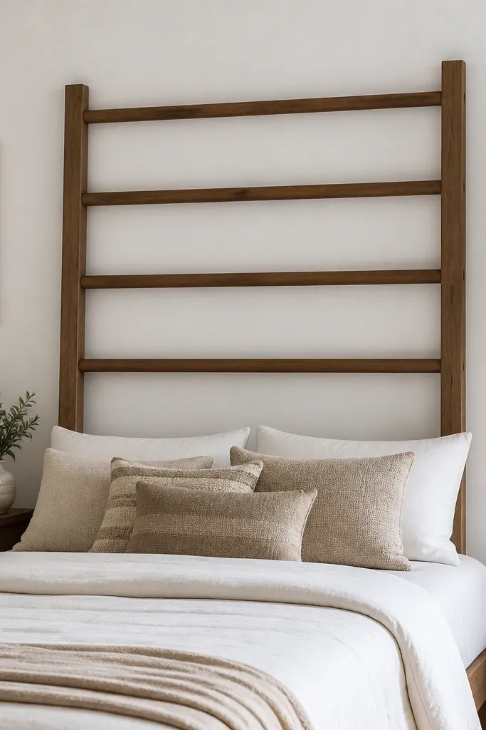 A ladder-style headboard leaning straight up, with two vertical side rails and five horizontal rungs. The wood is stained medium brown and the rungs are evenly spaced. The bed frame shows small gaps behind it.