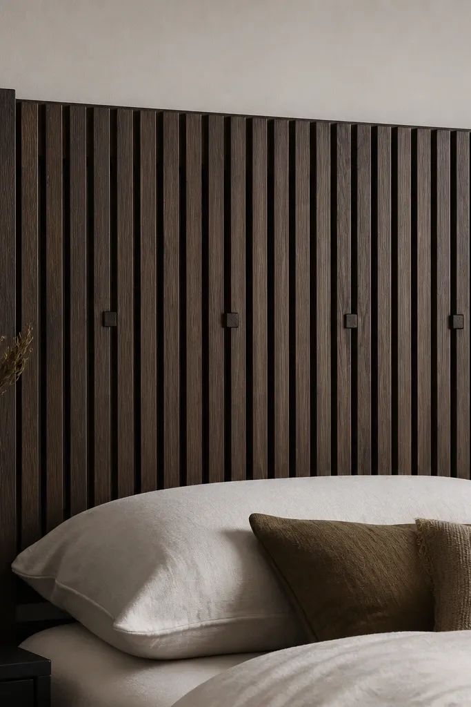A headboard with dense vertical slats like a palisade fence. Every few slats has a small square wooden peg detail. The finish is dark espresso with visible grain.