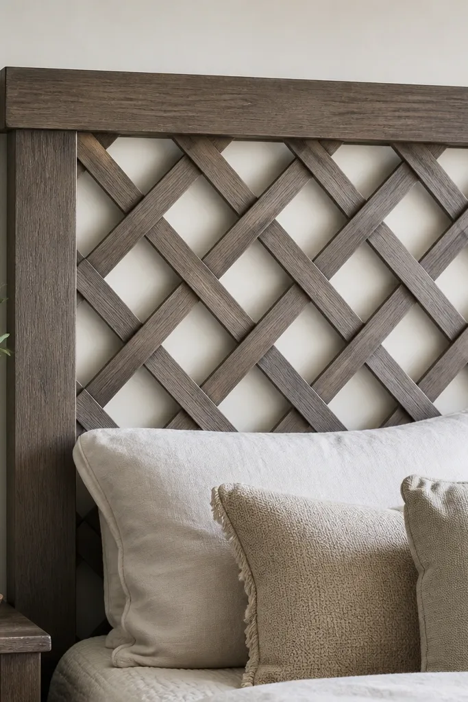 A headboard with a lattice made from diagonal boards crossing each other behind a thicker solid top rail. The wood is stained gray-brown and the lattice spaces show through. The top rail is a continuous plank.