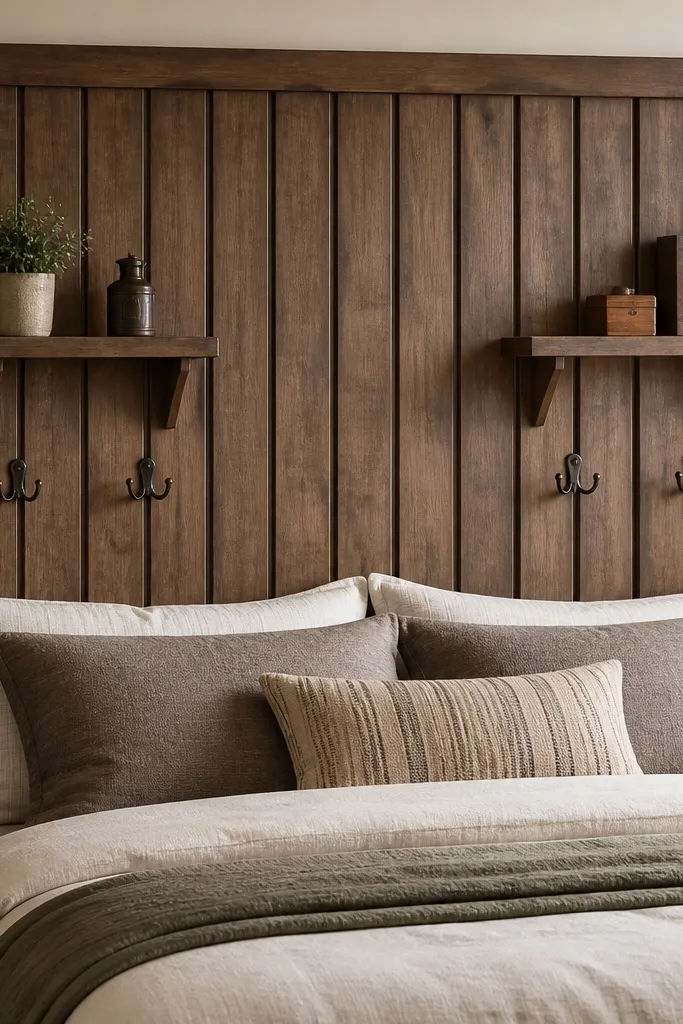 A headboard that looks like a workshop wall: vertical slats with two small horizontal shelves and metal hooks mounted underneath. The wood is warm brown with a slightly distressed finish.